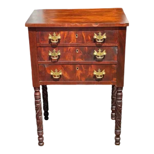 Early 19th Century Antique Sheraton 3 Drawer Mahogany Sewing Stand / Worktable
