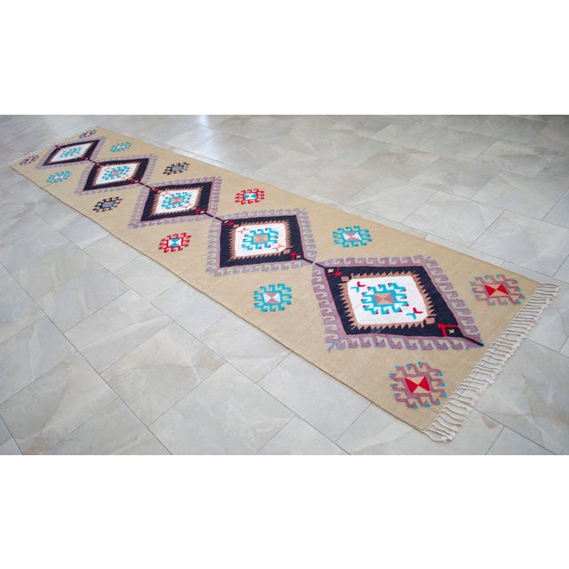 Textile Hand Woven Silk Runner Rug. Extra Long Hallway Decor. Turkish Silk Kilim. Luxury Decor - New - 3′1″ X 14′2″ For Sale - Image 7 of 17