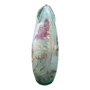 Emile Galle Antique 1895 Rare Green Glass Enamel Poppy Anemone Flower 13.5" Vase