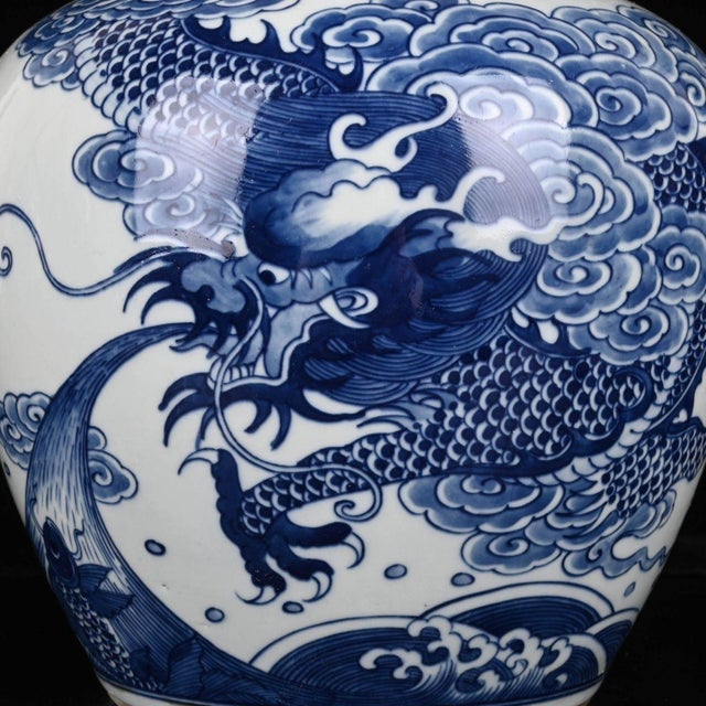 Ceramic Vintage Blue and White Porcelain Lidded Jar With Dragon and Carp Motif For Sale - Image 7 of 8