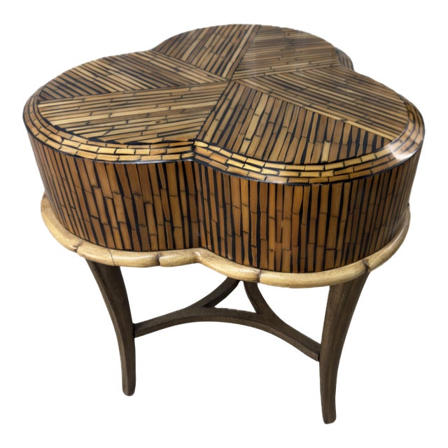 1980s Attributed Maitland-Smith Tessellated Pencil Reed Trefoil Side Table For Sale