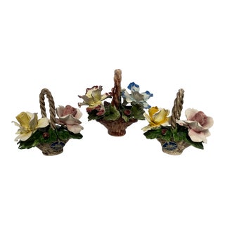 Mid 20th Century Italian Crown Capodimonte Porcelain Flower Baskets- Set of 3 For Sale
