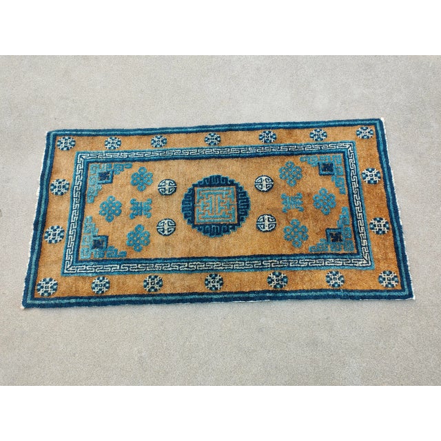 Marvelous Camel and Blue Cerulean Border Color With Geometric Design Antique Chinese Baotou Rug For Sale In New York - Image 6 of 6