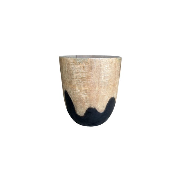 Contemporary Solid Mango Wood Round Side Table, Modern Organic, Natural & Burnt Finish For Sale - Image 3 of 7