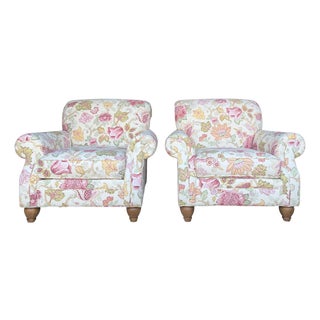 Clayton Marcus English Roll-Arm Club Chairs, Pair – Floral Botanical Chintz Upholstered Lounge Chairs For Sale