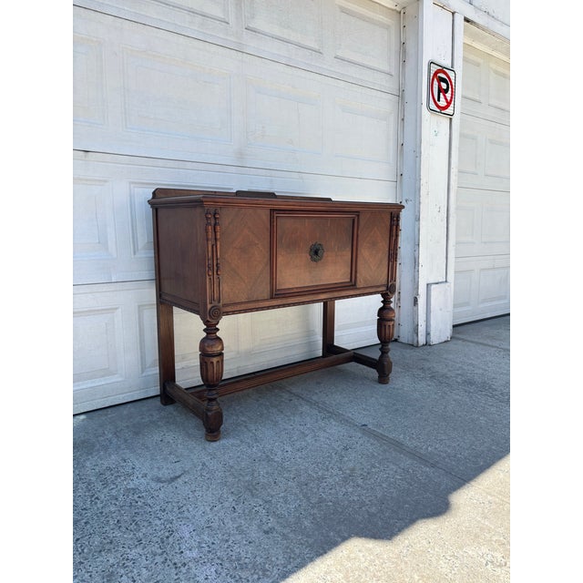 Jacobean Vintage Jacobean Revival Cabinet | Antique Tudor Style Walnut Server Console | Dark Academia Sideboard For Sale - Image 3 of 11