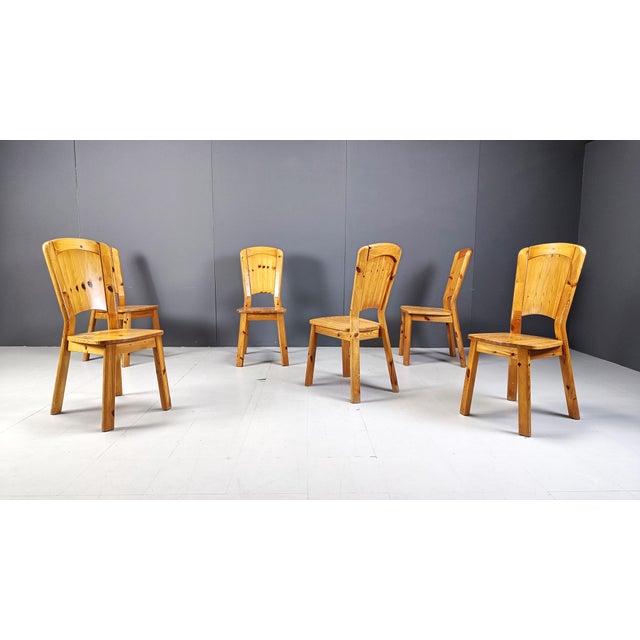 Vintage Pine Wood Dining Chairs, 1970s, Set of 6 For Sale - Image 3 of 12