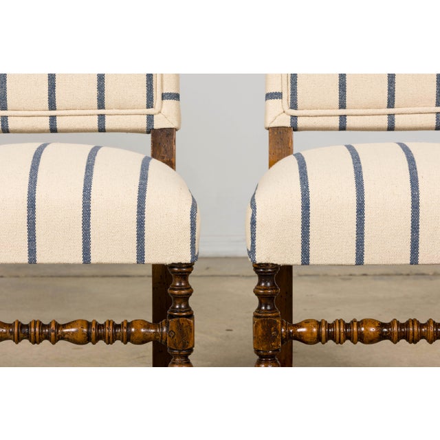 Antique French Louis XIII Dining Chairs in Blue Striped Jacquard, Set of 12 For Sale - Image 12 of 18
