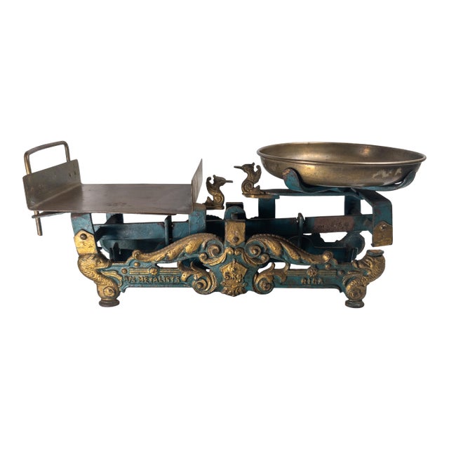 Early 20th Century Turquoise Teal and Gold Cast Iron Grocery Scale Balance For Sale
