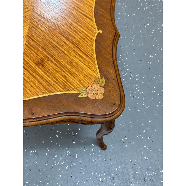 Vintage Louis XV Style Carved Walnut Marquetry & Parquetry Coffee Table For Sale In Baton Rouge - Image 6 of 12