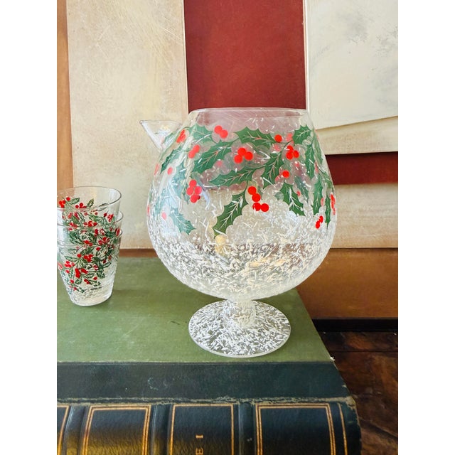 Vintage West Virginia Glass Holly Pattern Brandy Snifter With Three Glasses Holiday Barware Set For Sale - Image 10 of 10