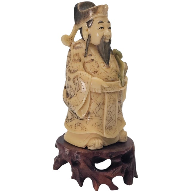 Plastic Pair Chinese Scholar and Deity Figures on Carved Hardwood Stands 3.25" For Sale - Image 7 of 10