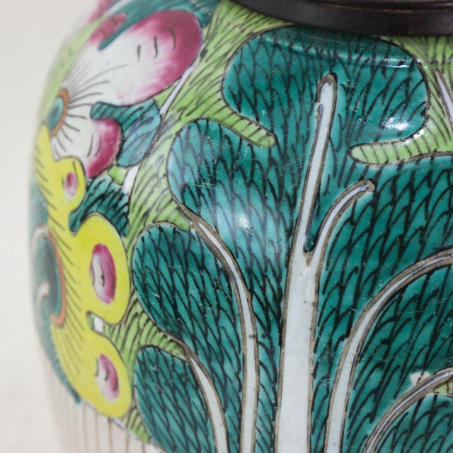 Antique Famille Rose Bok Choy Porcelain Table Lamp With Cabbage Leaf and Butterfly Motif For Sale - Image 10 of 13