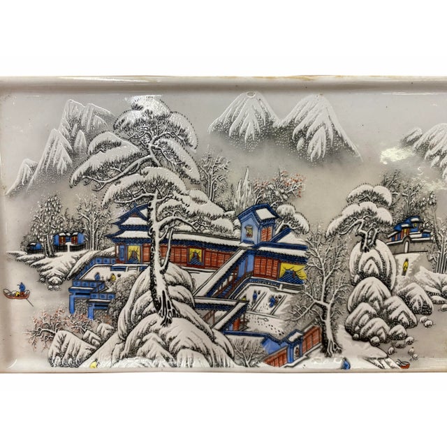 2010s Distressed White Porcelain Snow Trees House Rectangular Display Plate For Sale - Image 5 of 6