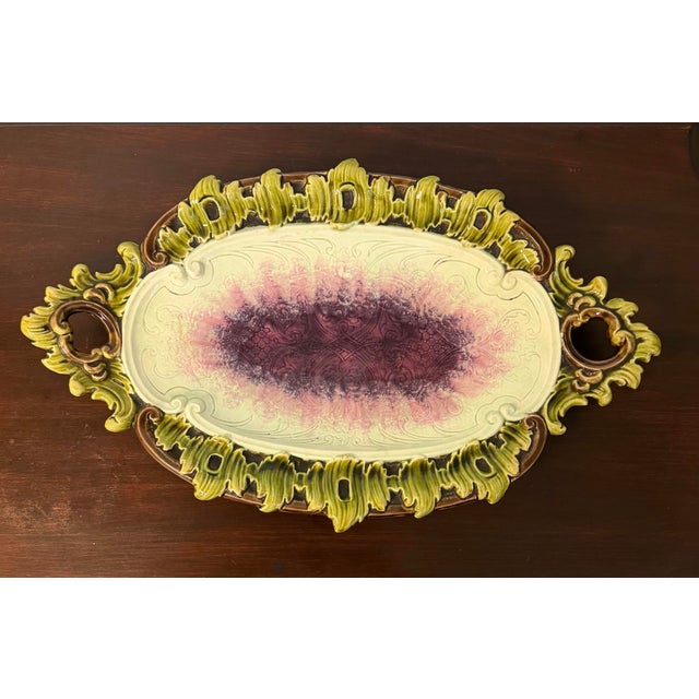 Exceptional late 19th-century Victorian majolica serving tray featuring an elaborate molded and pierced border with...