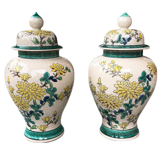 Emerald Green and Yellow Floral Ceramic Ginger Jars or Urns With Lids