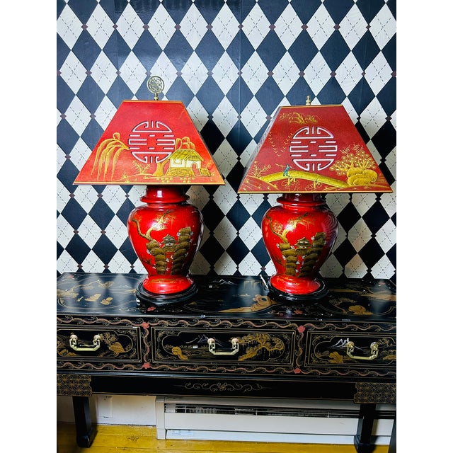 1980s Chinoiserie Red Lacquer Table Lamps Pair Large Chinese With Pagoda Shades For Sale - Image 9 of 10