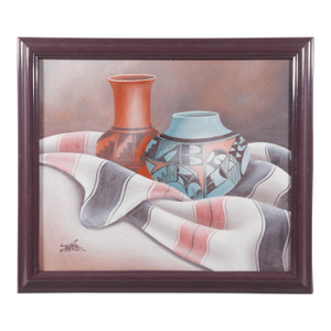 Myung Mario Jung Original Southwestern Pottery Still Life Sand & Oil on Canvas