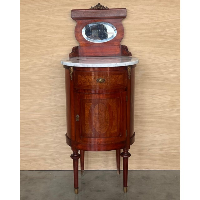 Louis XVI Style Marquetry Nightstands with Bronze and Mirror Crests, 1890s, Set of 2 For Sale - Image 3 of 16