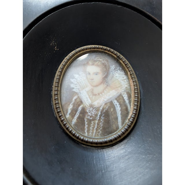 Mid 20th Century Portrait Miniatures of Noble Ladies in Ebonized Frames - Set of 2 For Sale - Image 5 of 12