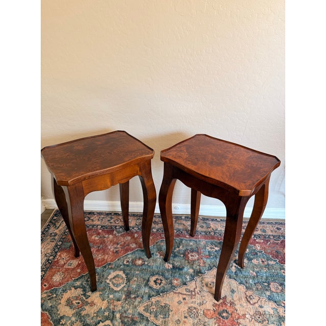 Pair of Vintage Italian Burl Wood End Tables | Made in Italy Rococo Style Accent Tables For Sale - Image 9 of 12