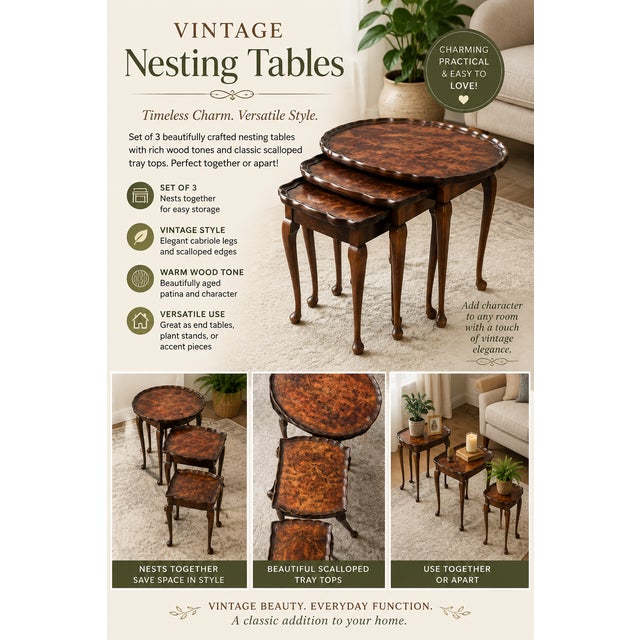 Elegant and highly versatile, this vintage set of three English nesting tables features gorgeous burr walnut veneer faces...