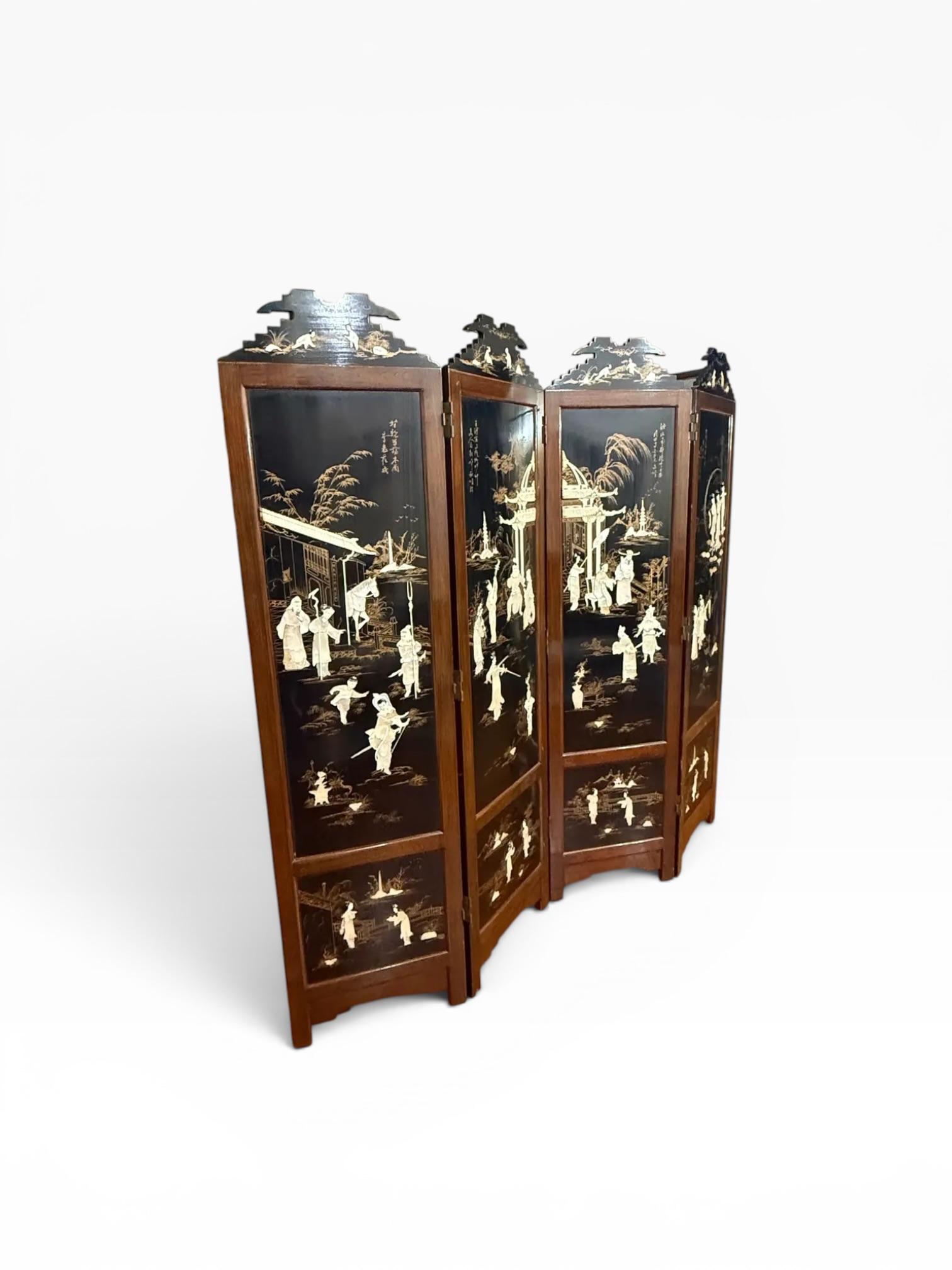 Vintage Chinese Black Lacquer Folding Screen With Mother-of-Pearl