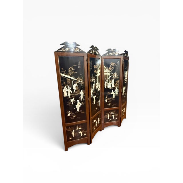 Chinese Vintage Chinese Black Lacquer Folding Screen With Mother-of-Pearl Inlay For Sale - Image 3 of 8
