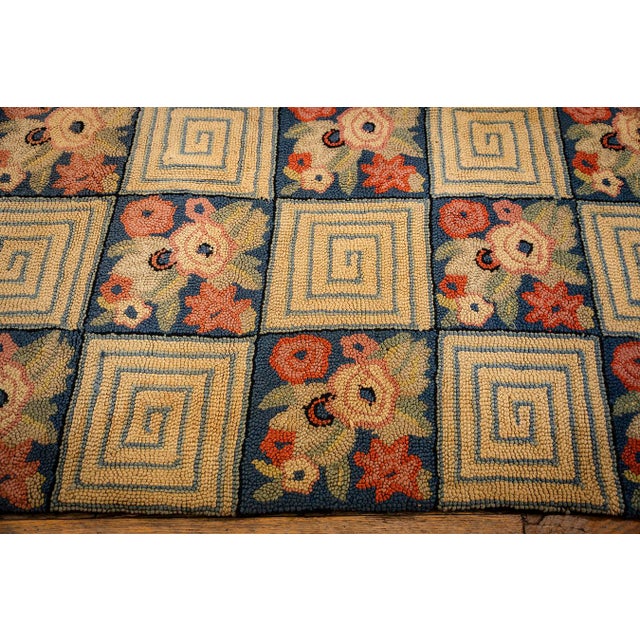 Royal Blue 1880s Rustic Blue Ground Modern Geometric Folk Art Antique American Hooked Rug For Sale - Image 8 of 9