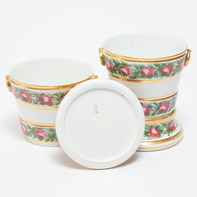 Antique 18th century French Louis XVI Queen's Factory Paris porcelain cachepots or flower pots on stands. Decorated with...