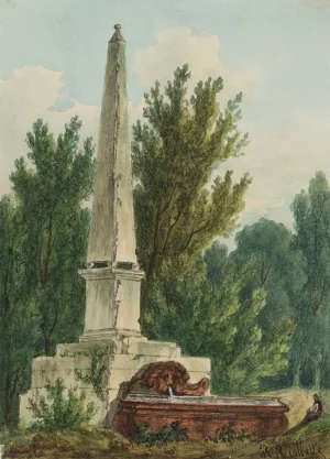 R. Viollette, Fountain with Obelisk in Park, 1829, Watercolor