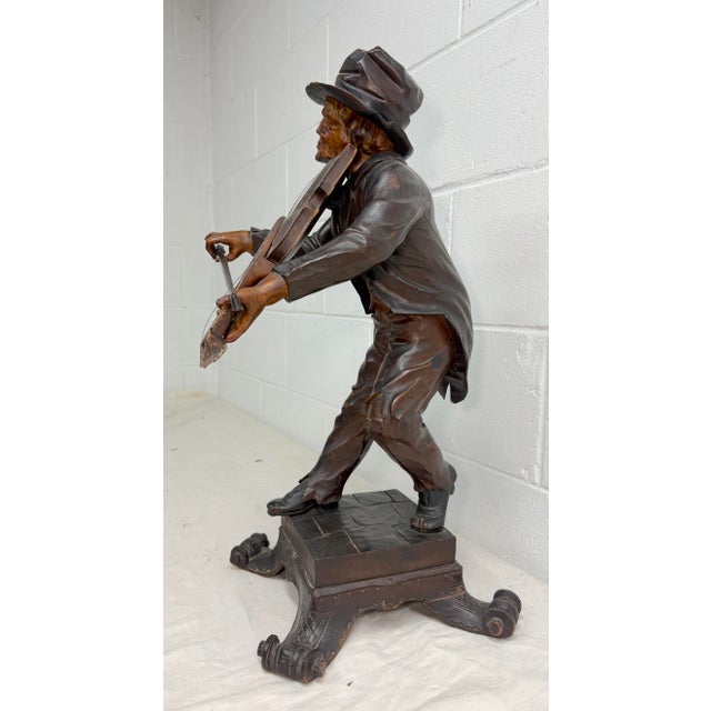 Large Antique European 1800's Carved Wood Fiddler Violinist Sculpture Statue Music For Sale - Image 9 of 18
