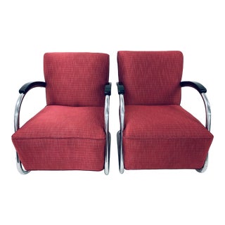 1940s Vintage Anton Lorenz Style Art Deco Chrome Club Arm Chairs- a Pair For Sale