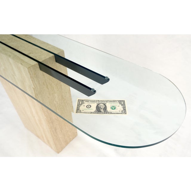 Italian c1970s Mid Century Modern Glass Top Single Travertine Base Console Table For Sale - Image 11 of 14