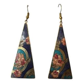 1980s Vintage Cloisonné Triangle Dangle Drop Chinosserie Enamel Earrings - Set of 2 For Sale