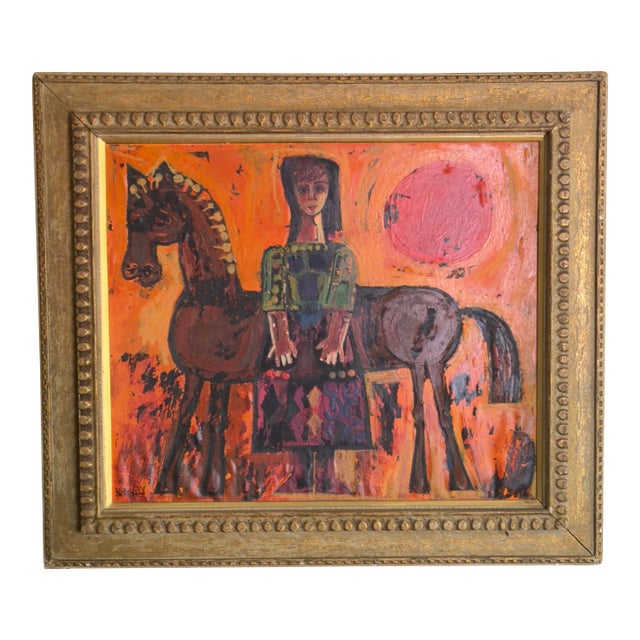 Thomas Knitch (1925-2002) Modernist Figure With Horse Vintage Painting Framed For Sale