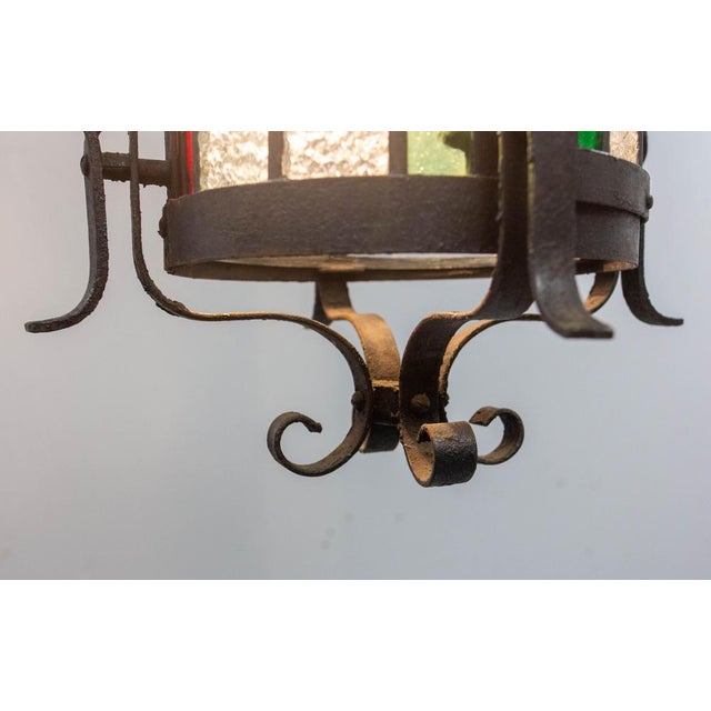 French Lustre Colored Glass & Wrought Iron Pendant Light, Late 19th Century For Sale - Image 9 of 14