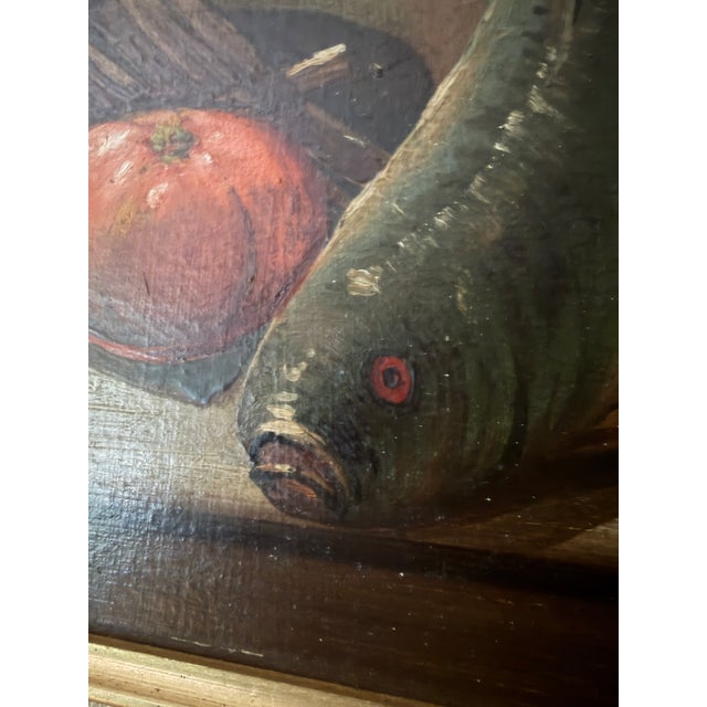 1918 Rectangular Landscape Signed Rustic Still Life With Fish and Basket Oil Painting For Sale - Image 4 of 8