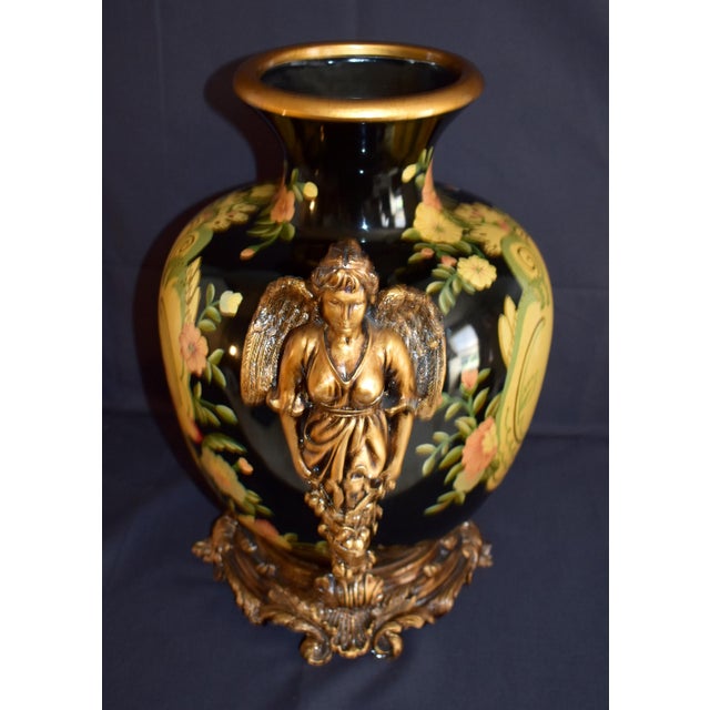Vintage Neoclassical Ceramic Amphora Vase Lyre Floral Gilt Figural Urn 15” For Sale - Image 9 of 14