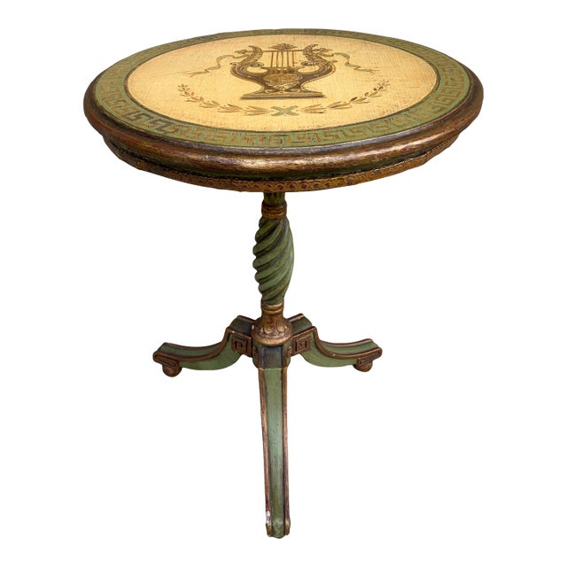 1920s Regency Green and Gold Painted Flip-Top Side Table With Lyre Motif For Sale