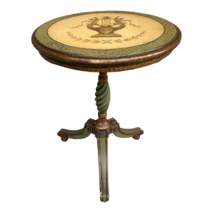 1920s Regency Green and Gold Painted Flip-Top Side Table With Lyre Motif