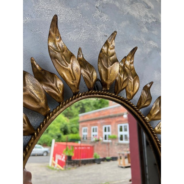 Spanish Oval Gilt Metal Sunburst Mirror With Alternating Leaves For Sale - Image 11 of 13