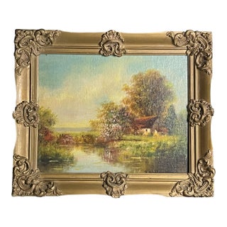 19th Century Antique Framed Impressionist Oil Painting: Landscape With House on Pond (Signed D Wallace) For Sale