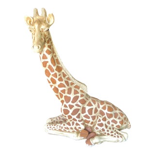 Vintage 1970s Marwal Seated Giraffe Sculpture – Hand-Painted Boho Folk Art Figurine For Sale