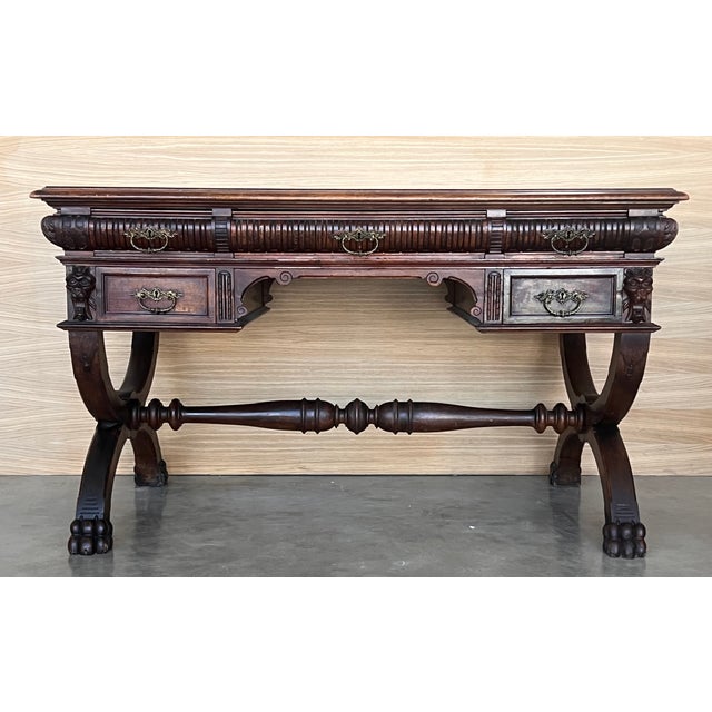 19th Spanish walnut desk or console table with two drawers and strong turning legs and stretcher. Dimensions: Height:...