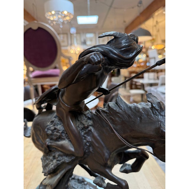 Fredeic Remington Roman Bronze Cheyenne Statue on Marble For Sale - Image 9 of 12