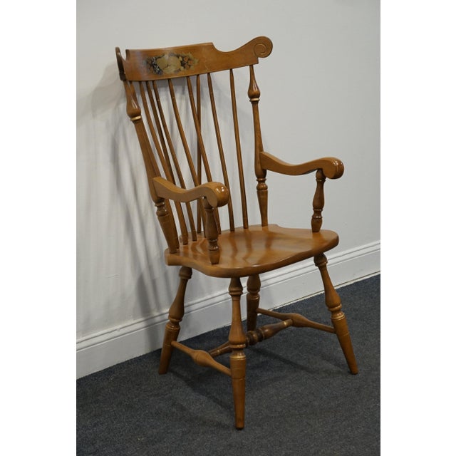American Ethan Allen Hand Decorated Hitchcock Inspired Solid Maple Fiddleback Duxbury Accent Arm Chair 14-6072a - 601 Nutmeg Finish For Sale - Image 3 of 11
