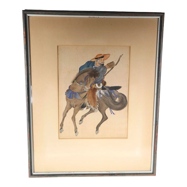 Framed Vintage Japanese Warrior on Horseback For Sale