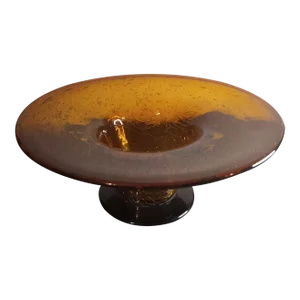 1960s Blenko Style Amber Crackled Glass Decorative Bowl