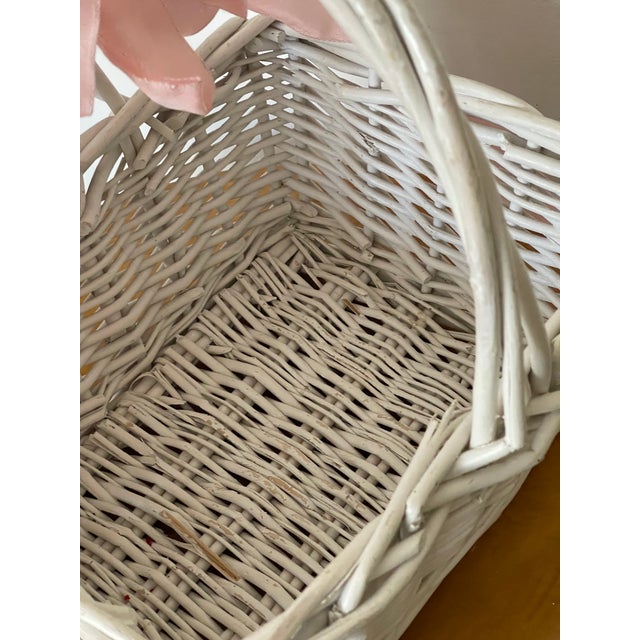 Vintage Wicker Basket Painted White With Bow For Sale - Image 4 of 4